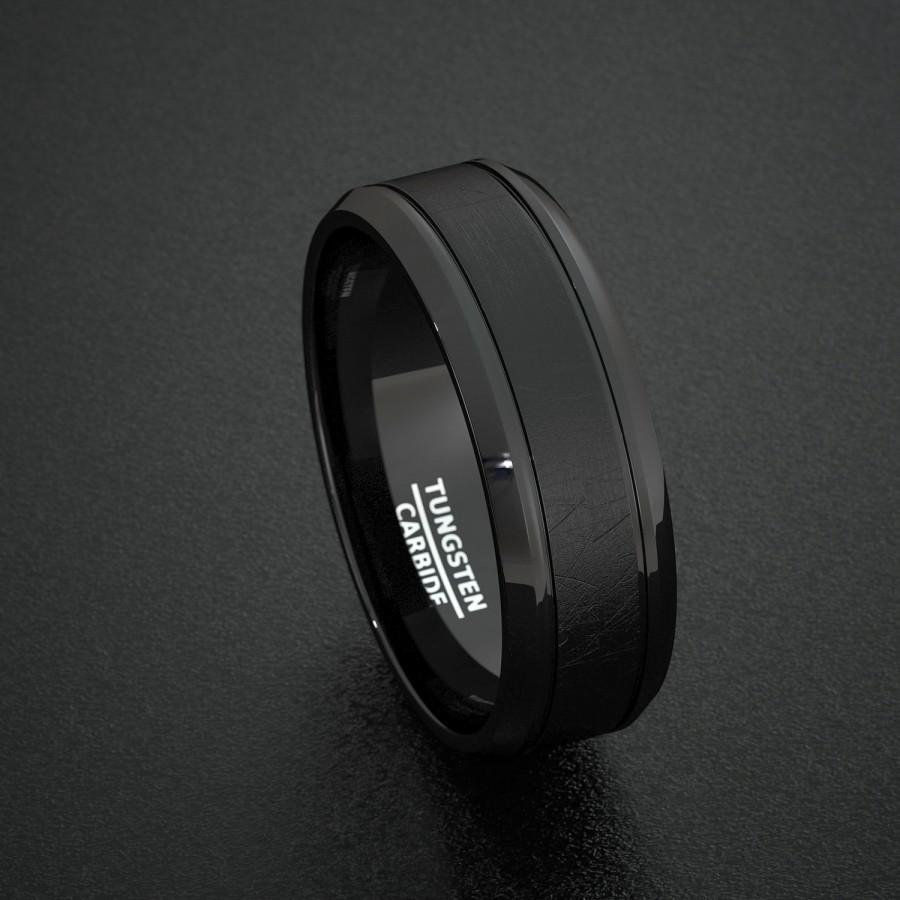 Hochzeit - Tungsten Wedding Bands 8mm Mens Ring Brushed Surface Inlay Black Beveled EdgesComfort Fit