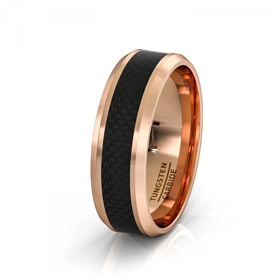 Wedding - Mens Wedding Band 8mm Rose Gold Tungsten Ring Polished Black Carbon Fiber Surface Beveled Edges Comfort Fit