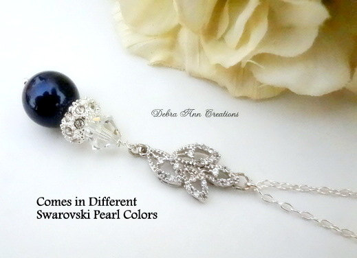 Mariage - Swarovski Navy Blue Pearl Crystal Necklace Blue Pearl Necklace Navy Blue Wedding Bridal Bridesmaid Jewelry Mother of the Bride Groom Gift