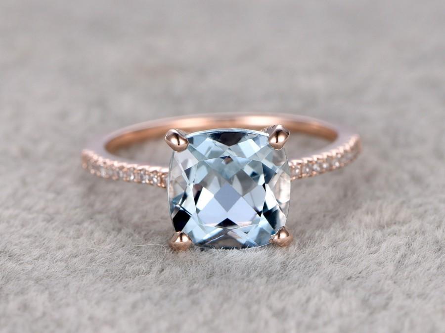 Wedding - 2.3ct Cushion Natural Aquamarine Ring!Diamond Engagement ring Rose gold,Bridal,Ball prong,Blue Stone Gemstone Promise Ring,wedding band