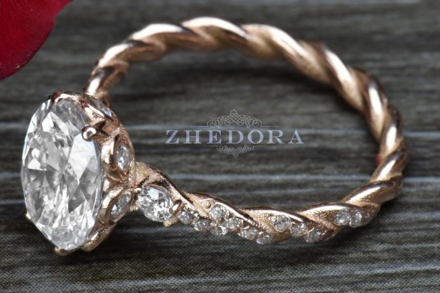 زفاف - 3.30 Oval Cut Solitaire Engagement Wedding Ring Accent Solid 14k or 18K Rose Gold Bridal Jewelry Lab Created Diamond Fancy Vintage Design