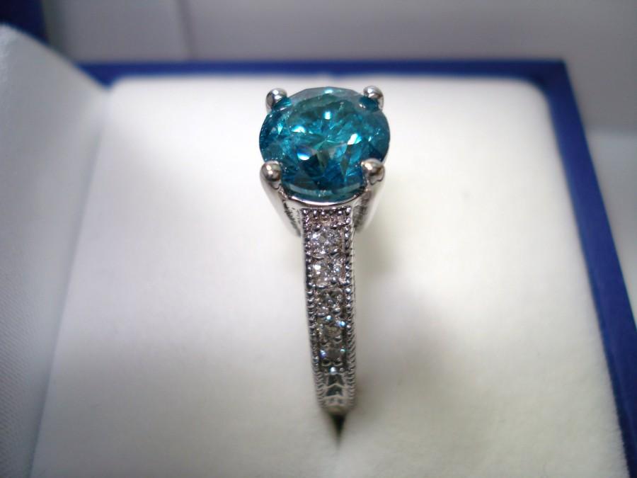Wedding - Blue Diamond Engagement Ring 1.22 Carat 14K White Gold Antique Vintage Style Engraved Handmade