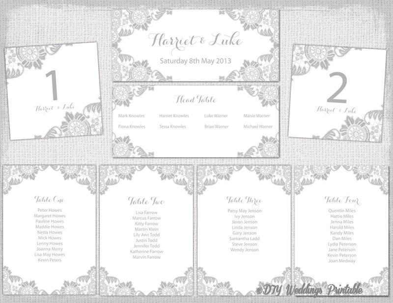 Свадьба - Wedding Seating chart template Silver Gray "Antique Lace" printable wedding table plan cards, DIY seating plan, Word instant Download