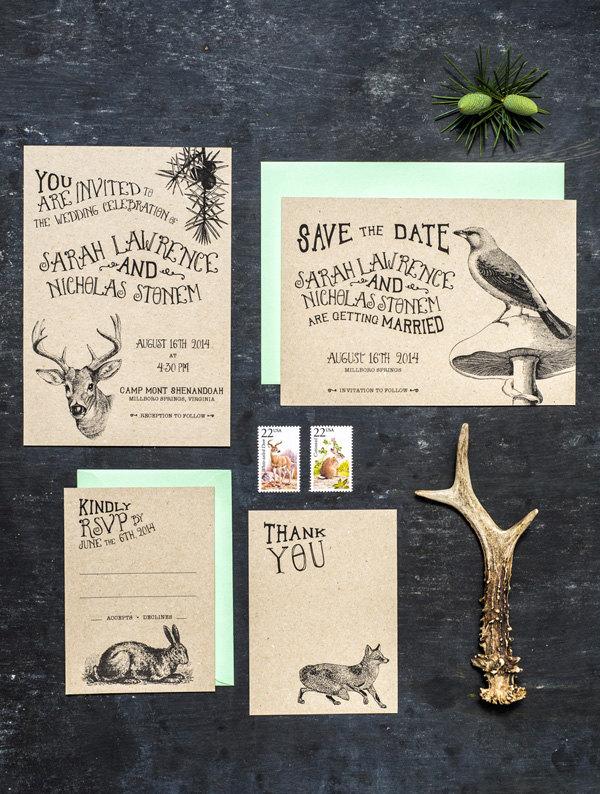 Hochzeit - Woodland Animal Wedding Invitation Set of 4 Printable, Printed on Kraft Paper