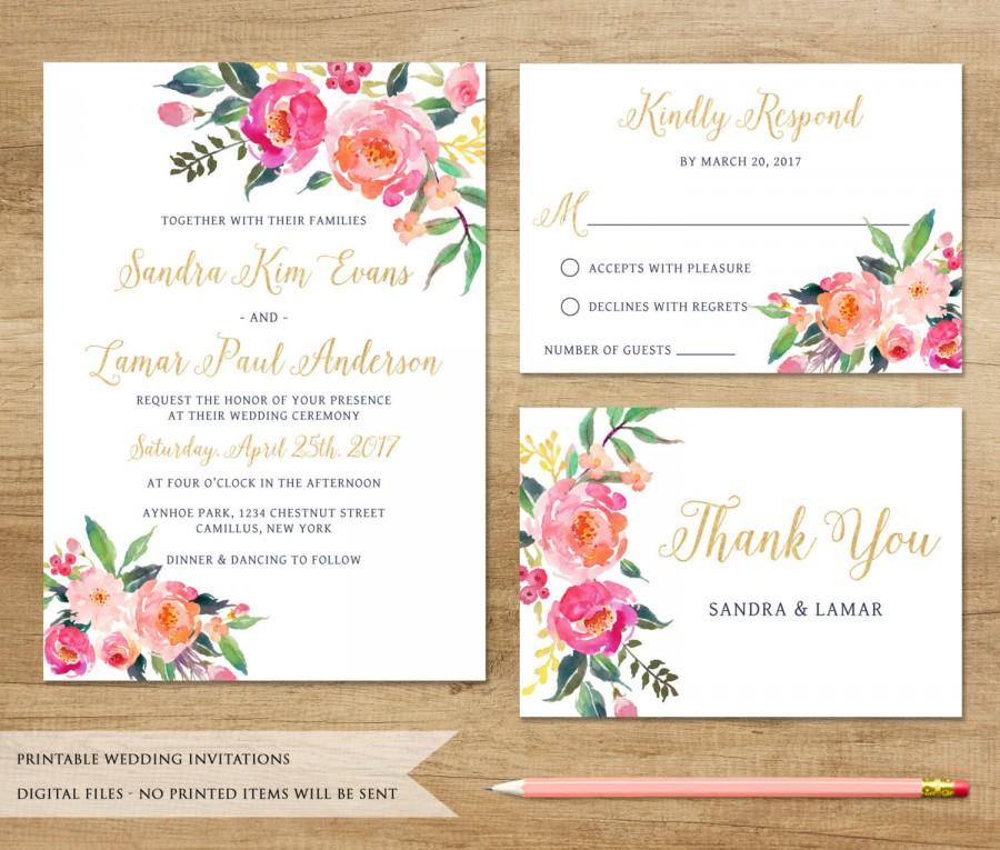 Hochzeit - Watercolor Floral Wedding Invitation. Printable Wedding Invitation. Floral Wedding Invitation. Boho Wedding Invitation.Customized Invitation