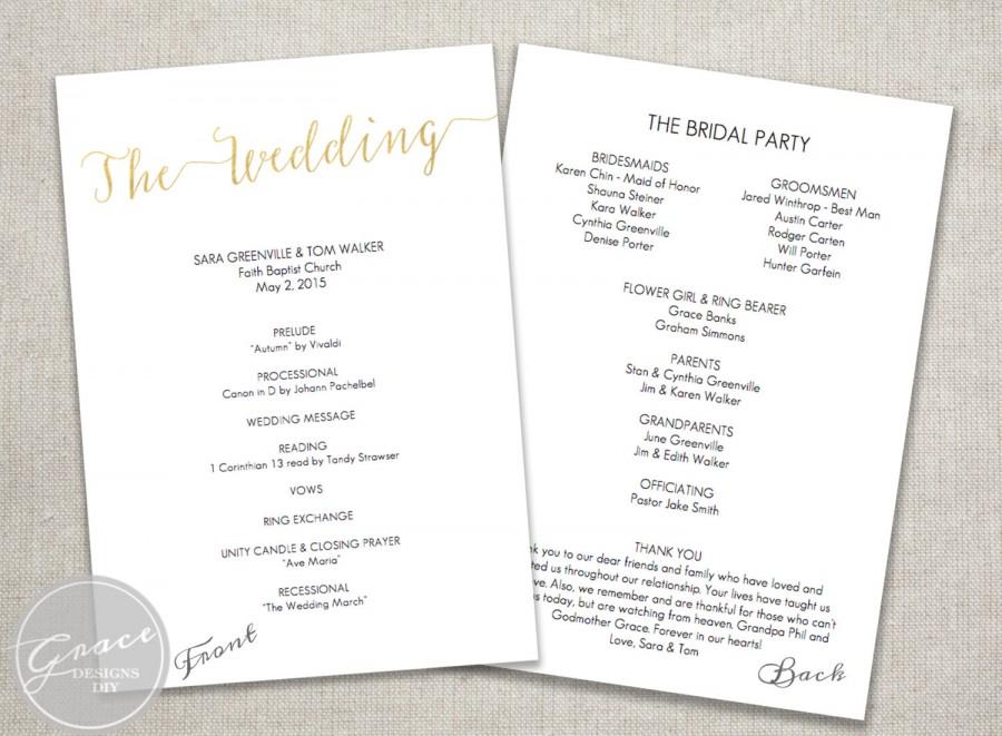 Hochzeit - Gold Wedding Ceremony Program / Instant download / Slant title Running off page/Gold faux foil calligraphy style /DIY Template Printable/5x7