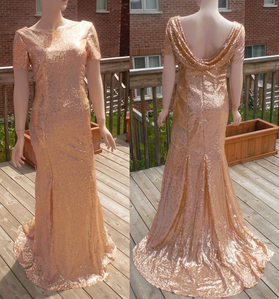 Mariage - Cowl back dress, rose gold sequin bridesmaid dress, rose gold sequin dress