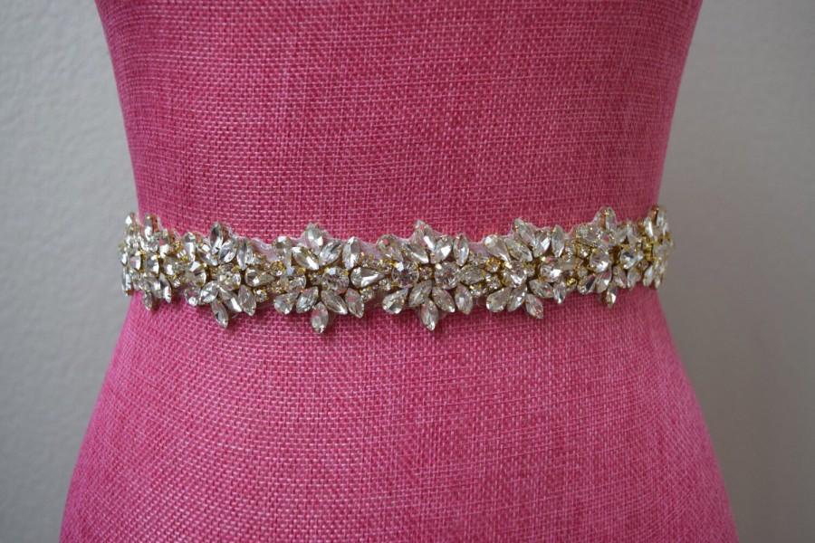 Mariage - Full Length Gold Rhinestone Bridal Belt-  All the Way Around Embellished Belt with Clasp - Bridal Sash - Gold Rhinestone Belt - EYM B014