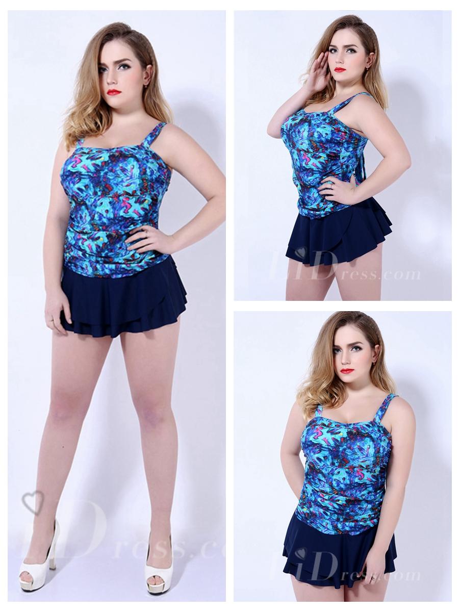 زفاف - Blue With Colorful Print Plus Size One-Piece Womens Swimsuit With Black Skirt Lidyy1605202070