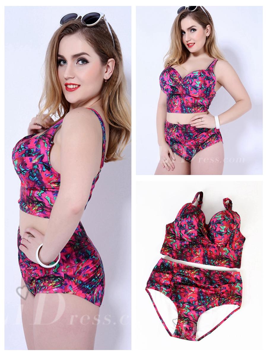 Wedding - Rose Color With Colorful Print Plus Size Womens High Waist Bikini Suit Lidyy1605202066