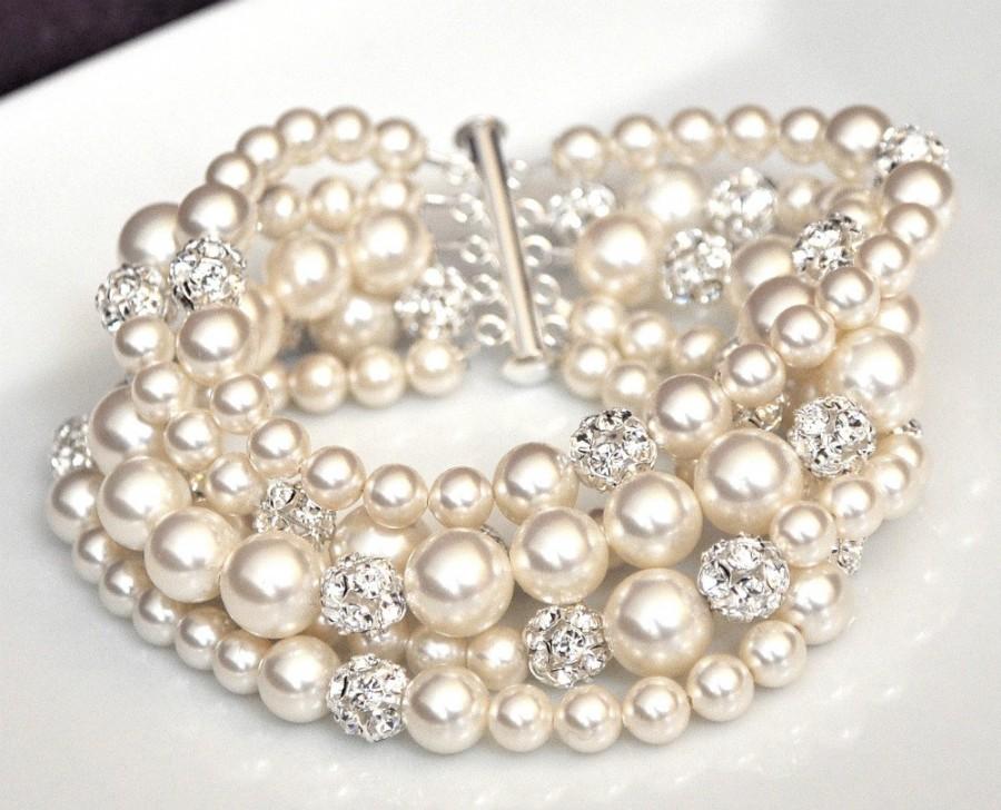Hochzeit - Ivory Pearl Bridal Bracelet, Wedding Jewelry Bracelet, Statement Bridal Cuff Bracelet, Gatsby Bridal Jewellery