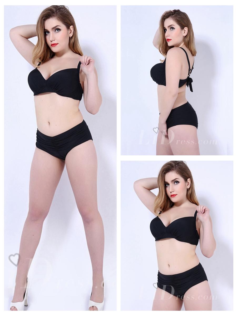 Wedding - Black Solid Color Middle Waist Plus Size Womens Bikini Suit With Fold Adornment Lidyy1605202060