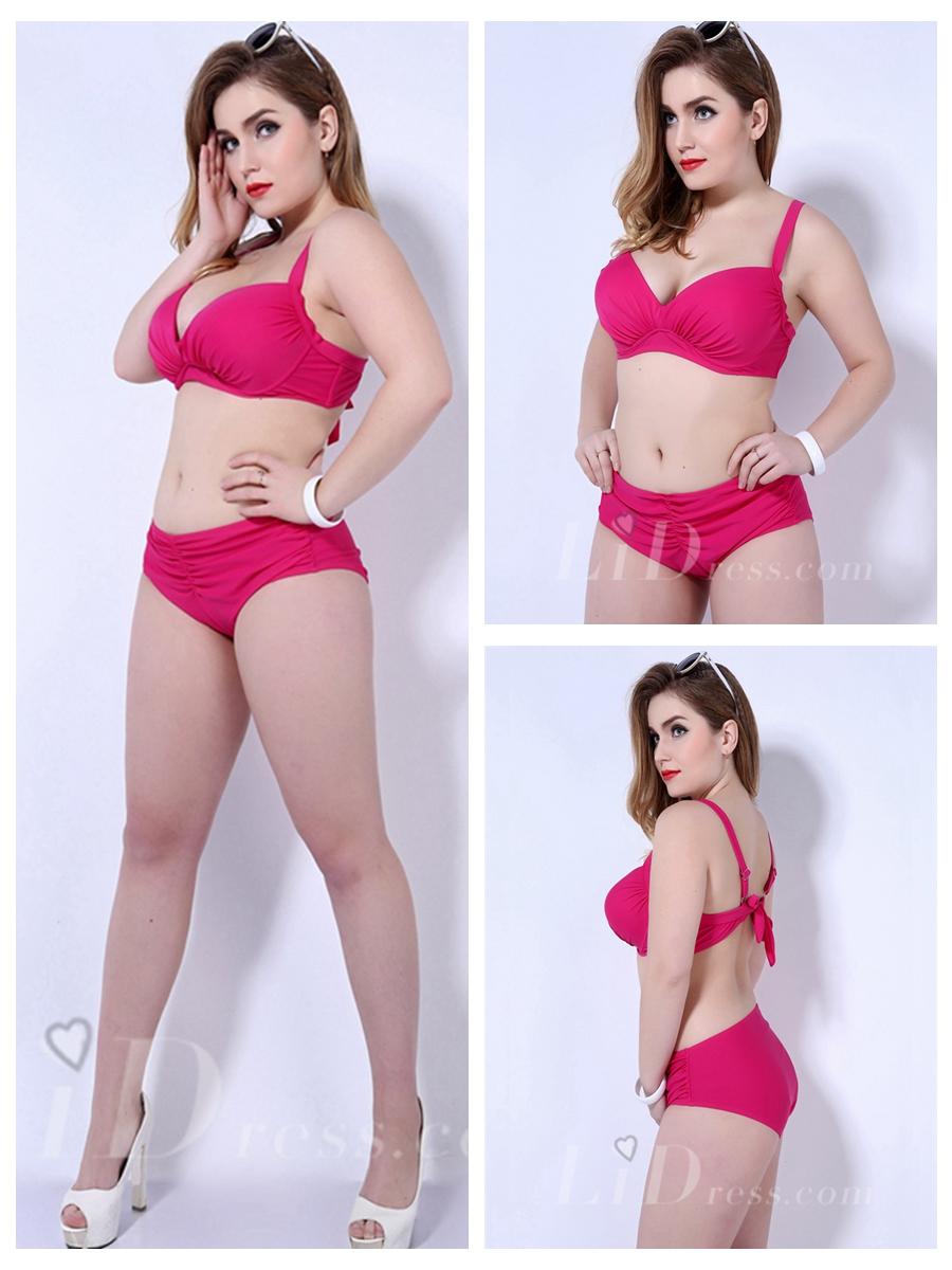 زفاف - Rose Color Solid Color Middle Waist Plus Size Womens Bikini Suit With Fold Adornment Lidyy1605202059