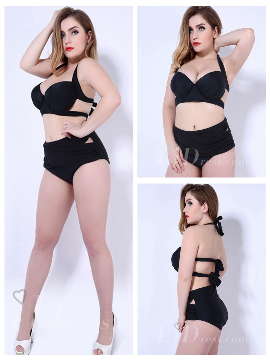 Hochzeit - Black Solid Color High Waist Plus Size Womens Bikini Suit With Bandage Adornment Lidyy1605202058