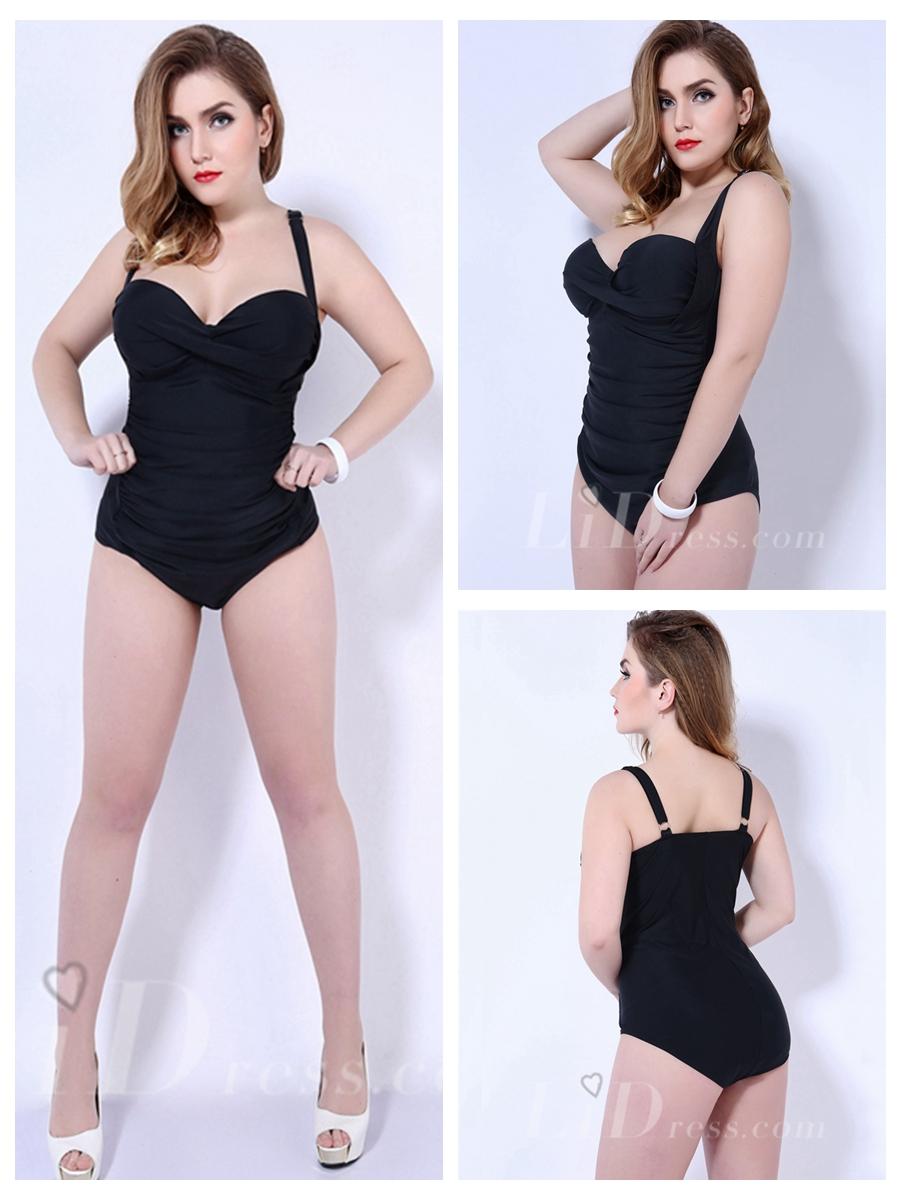 زفاف - Black Solid Color One-Piece Plus Size Womens Swimsuit With Fold Adornment Lidyy1605202056