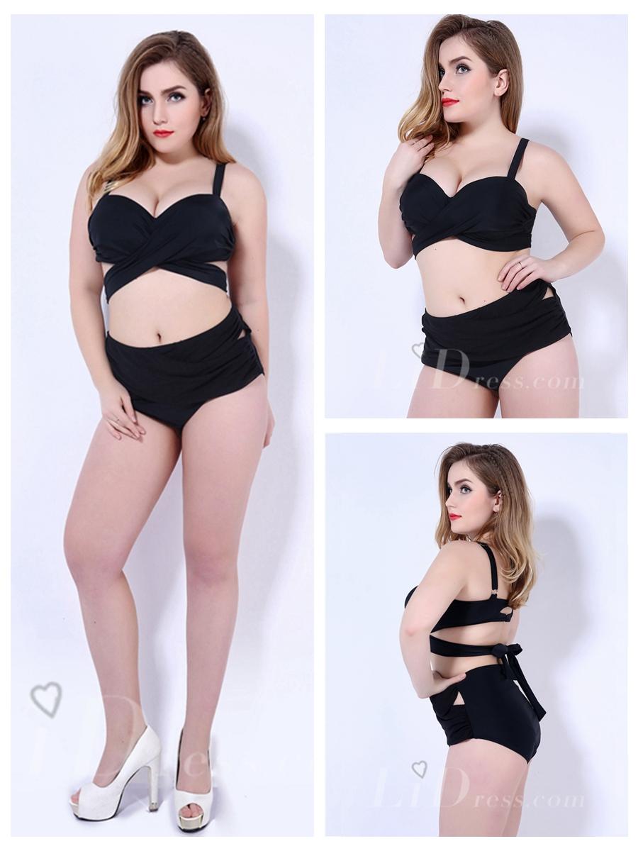 Mariage - Black Solid Color High Waist Plus Size Womens Bikini Suit With Bandage Adornment Lidyy1605202054