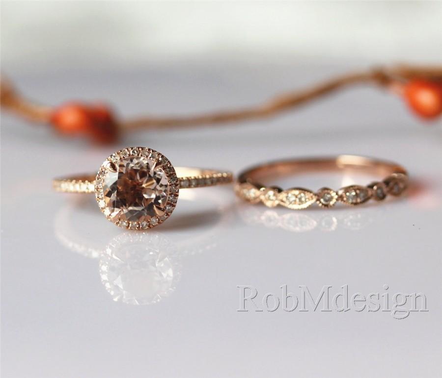 Hochzeit - Morganite Engagement Ring Set 7mm Round Cut Morganite Ring Half Eternity Diamond Wedding Ring Set Gemstone Ring Set
