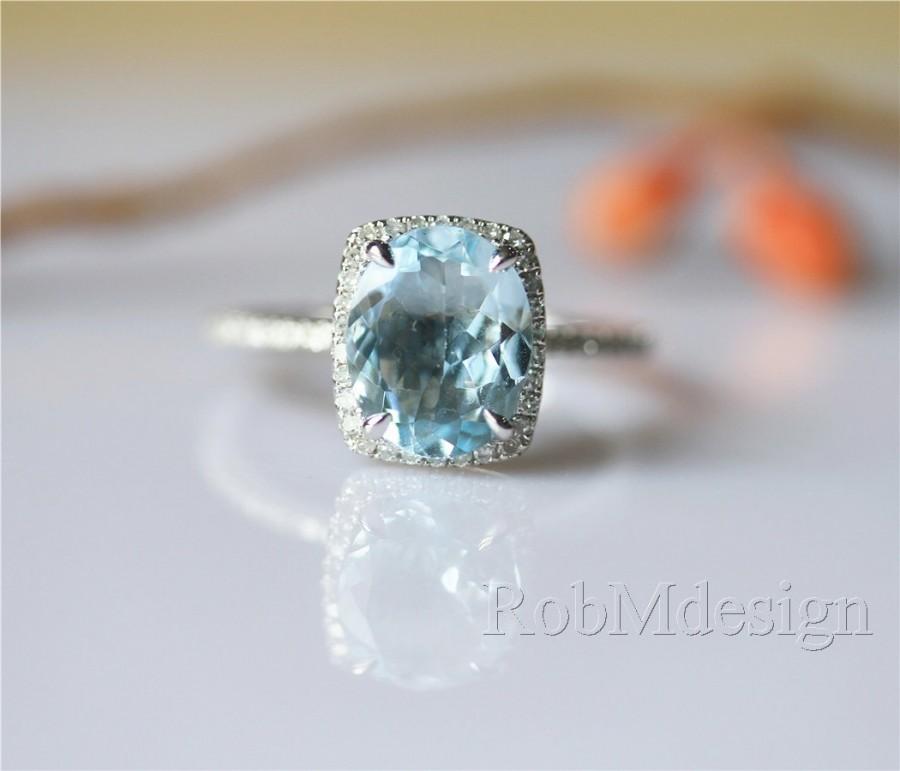 Hochzeit - 14K White Gold Aquamarine Ring Half Eternity Halo Diamond VS 7*9mm Oval Cut Aquamarine Engagement Ring Gemstone Ring Engagement Gift
