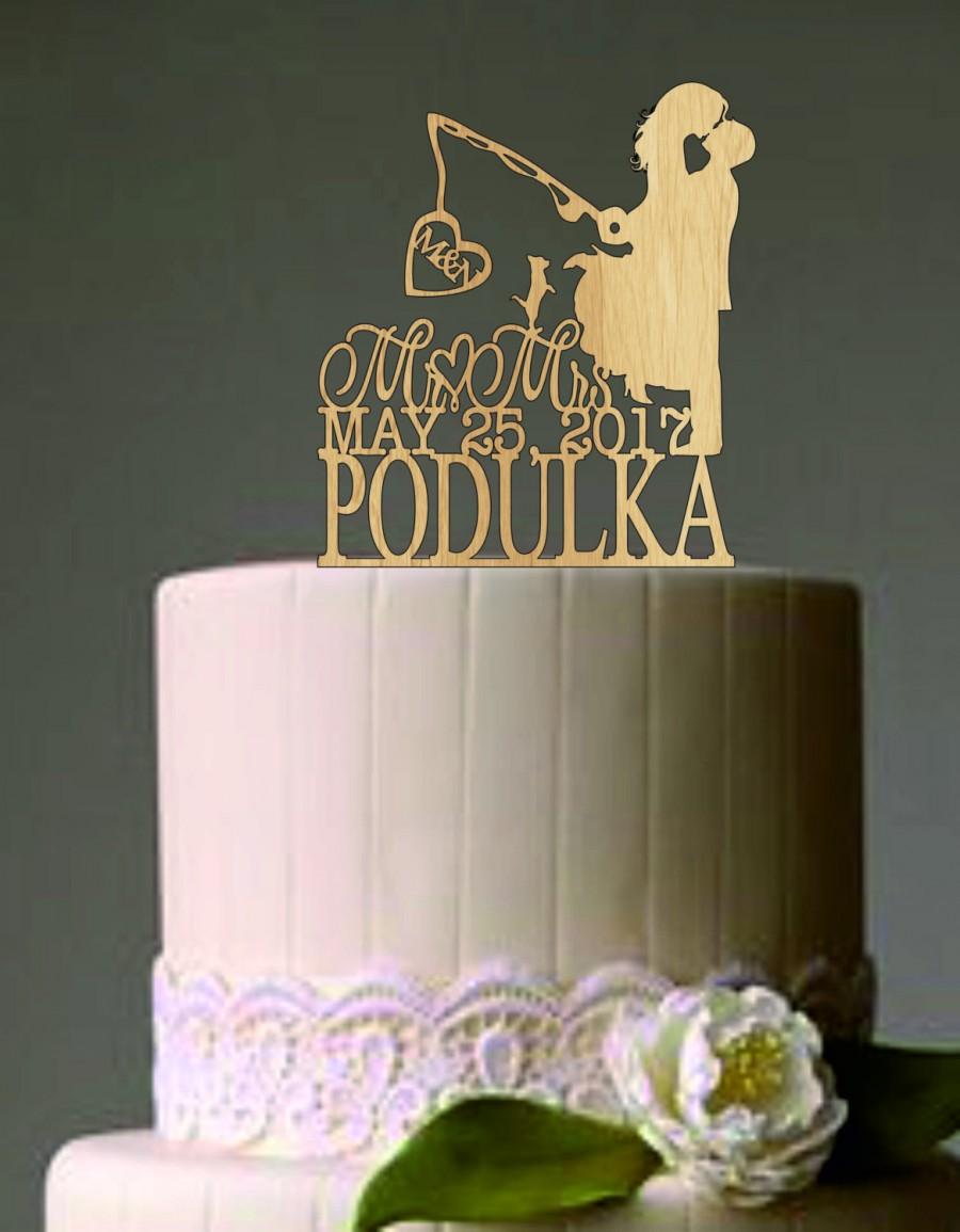 Wedding - Funny Cake Topper,Custom Personalized Wedding Cake Topper,Hooked on Love 2 with personalized Initials + Mr & Mrs last name,Unique Wedding