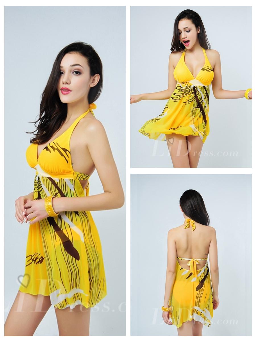 Wedding - Yellow Plus Size Two-Pieces Colorful Print Womens Swimsuit With Skirt Lidyy1605241001