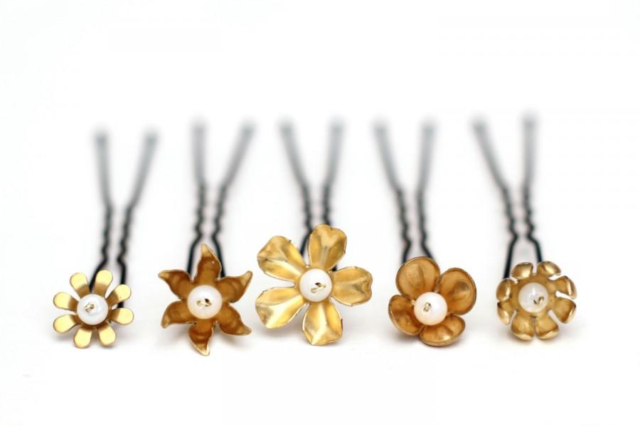زفاف - Gold flowers hair pins bridal hair flower pin wedding hair vintage inspired set of 5 clips golden flowers