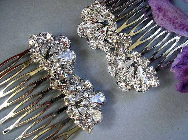 Wedding - BRIDAL hair combs vintage style wedding HAIR ACCESSORIES sparkle Rhinestones set of 2,