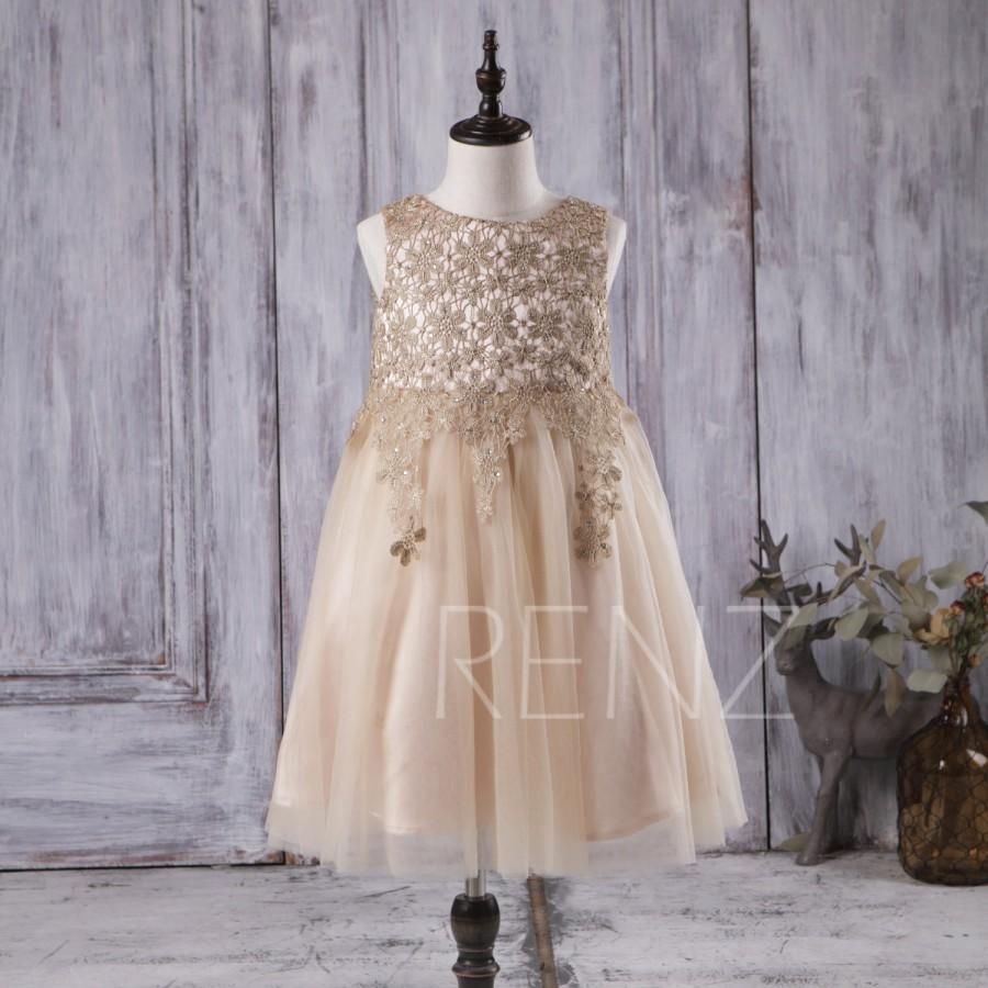 زفاف - 2016 Champagne Junior Bridesmaid dress, Lace Flower Girl dress, A Line Mesh Puffy dress, Long Tutu Baby Children dress floor length (GK148)