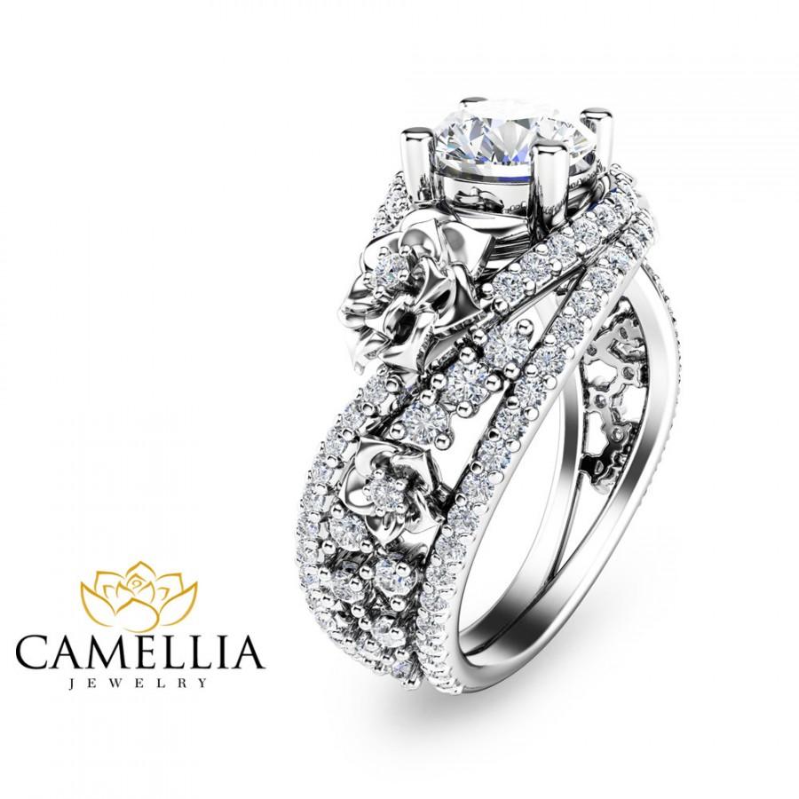 Wedding - Floral Moissanite Engagement Ring 14K White Gold Engagement Ring Art Nouveau Styled Moissanite Ring