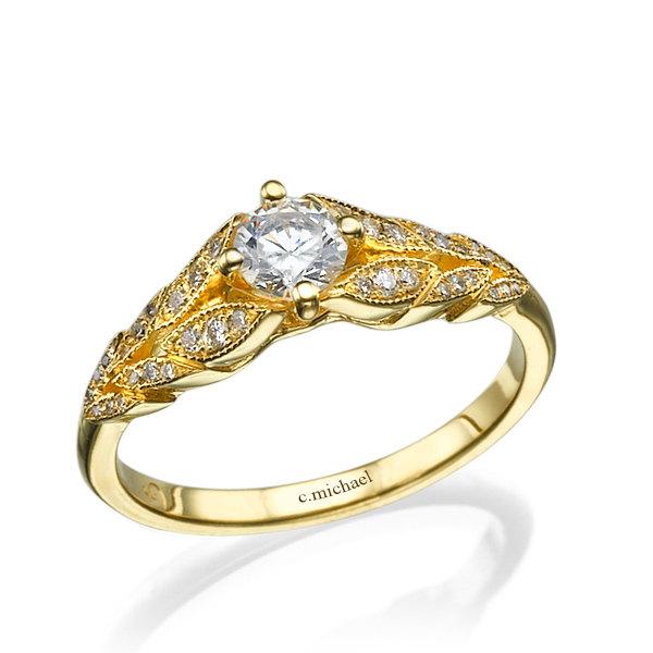 Wedding - leaf Engagement Ring, 14k Yellow Gold Ring, Diamond Ring, Leaves Ring, Art Deco ring, Vintage Ring, Antique Ring, Band Ring, Promise Ring