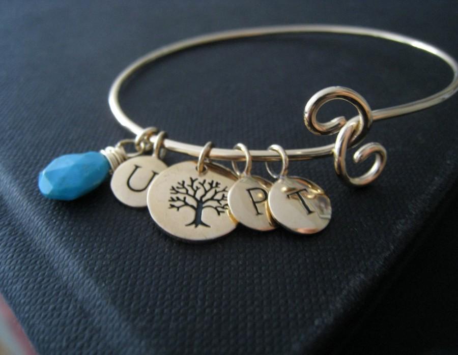 Wedding - Mother of the groom gift, tree of life charm, initial bangle bracelet, personalized jewelry, gift for grandmother, open close bangle