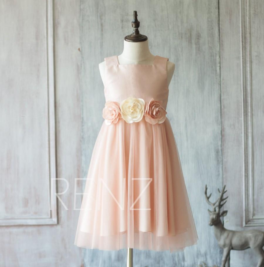 زفاف - 2016 Peach Junior Bridesmaid Dress, Square neck Flower Girl Dress, Chiffon and Mesh Beading Dress Rosette dress (LK059)