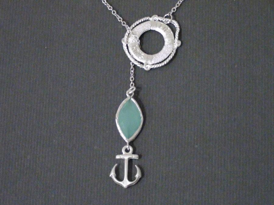 زفاف - 10% Off-Necklace, Treasure of Mint Opal Glass Marquise Connector With Mini Anchor Charm And Lifeguard Tube-Statement, Lariat Necklace