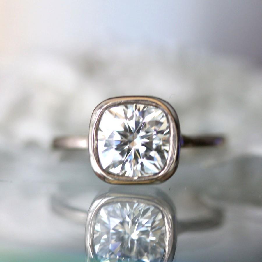 Wedding - 7.5mm Cushion Cut Moissanite 14K Palladium White Gold Engagement Ring, Stacking Ring - Made to Order