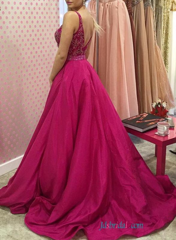 زفاف - PD16089 2016 fushia color low back taffeta a line prom dress