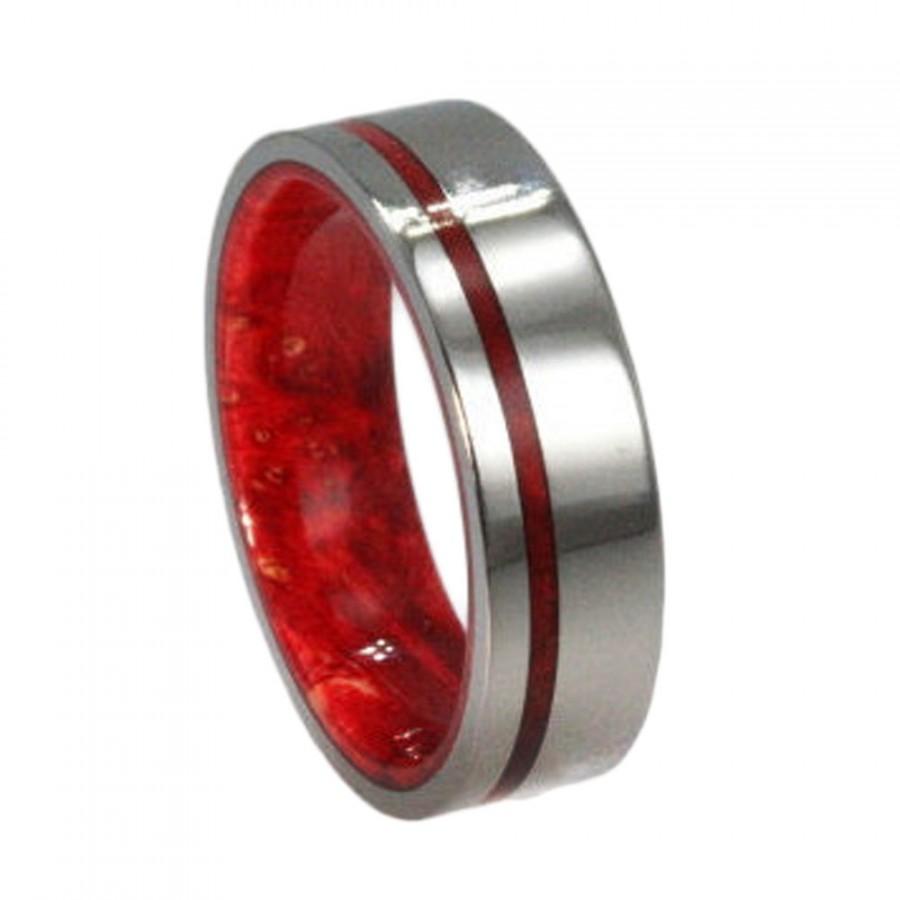 Hochzeit - Titanium Ring with Red Box Elder Inner Sleeve and Pinstripe - Available in Stainless Steel, Ring Armor Included