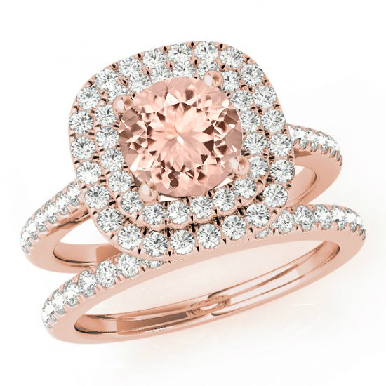 Hochzeit - Michael Raven Jewelry - Morganite & Diamond Double Halo Engagement Ring Wedding Set 14k Rose Gold, Morganite Wedding Sets, Rings, Rings For Women 1 CT