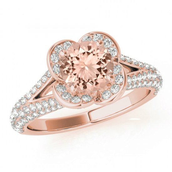 Hochzeit - Morganite & Diamond Lotus Flower Engagement Ring 14k Rose Gold - Pave Diamond Ring - Morganite Engagement Rings for Women - Anniversary Ring