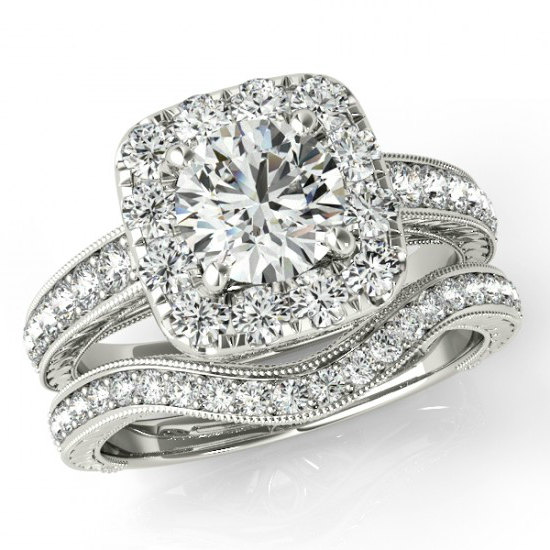 Wedding - 1 Carat FOREVER ONE MOISSANITE & Diamond Halo Wedding Set, Moissanite Engagement Ring Set, 14k, 18k or Platinum, For Women