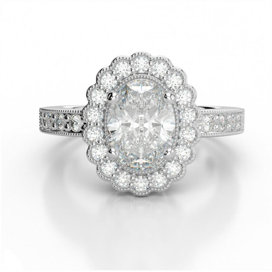 Wedding - Moissanite Vs Diamond Rings - Vintage Oval Forever One Moissanite & Diamond Ring - Moissanite Forever One Rings