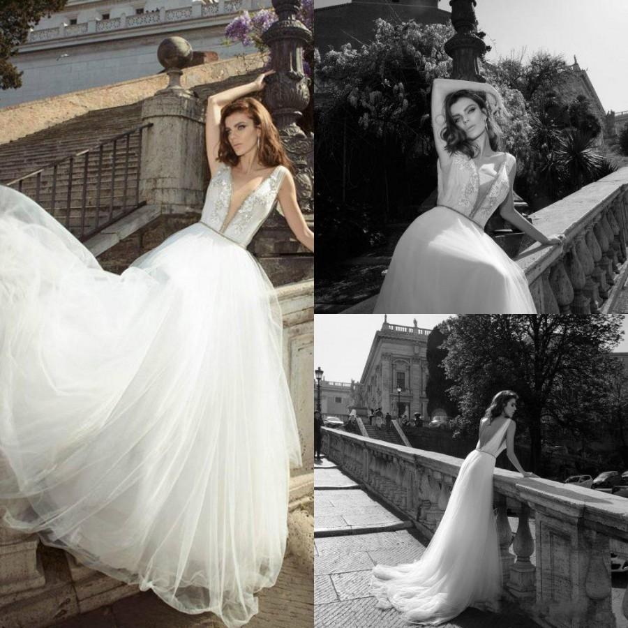 Свадьба - Sexy Julie Vino Wedding Dresses 2016 Tulle Garden Deep V Neck Lace Appliques Beads Backless Sweep Train Sleeveless Bridal Gowns Ball Online with $107.79/Piece on Hjklp88's Store 
