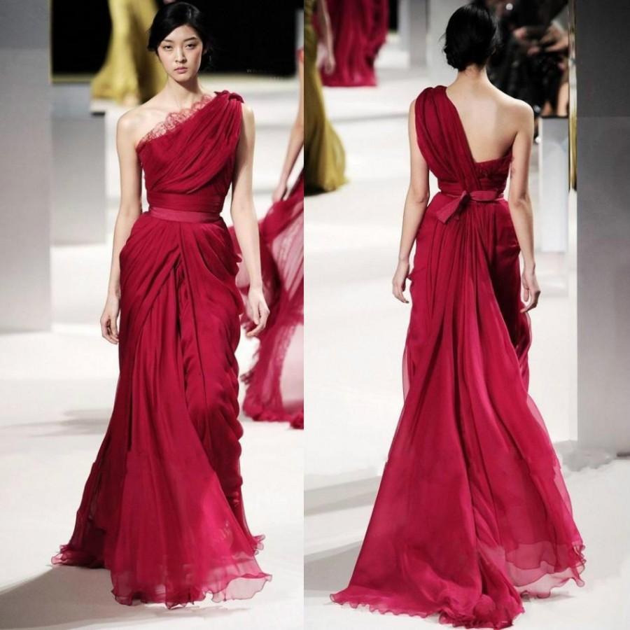 Wedding - Burgundy One Shoulder Evening Dresses Cheap Sleeveless Ruched A Line Prom Gowns Sweep Train Ribbon Sash Red Carpet Long Formal Party Dress Online with $106.79/Piece on Hjklp88's Store 