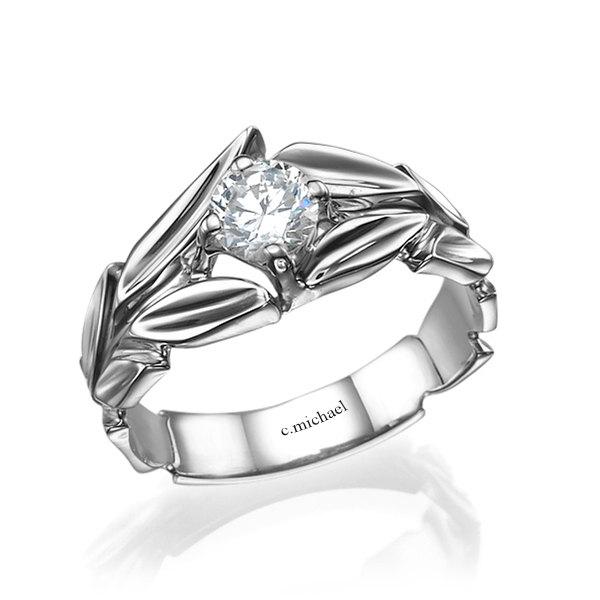 Mariage - white Engagement Ring,white Gold Ring, Diamond solitaire ring, Diamond Ring, Leaves Engagement Ring, Solitaire ring, Wedding Ring, Leaf Ring