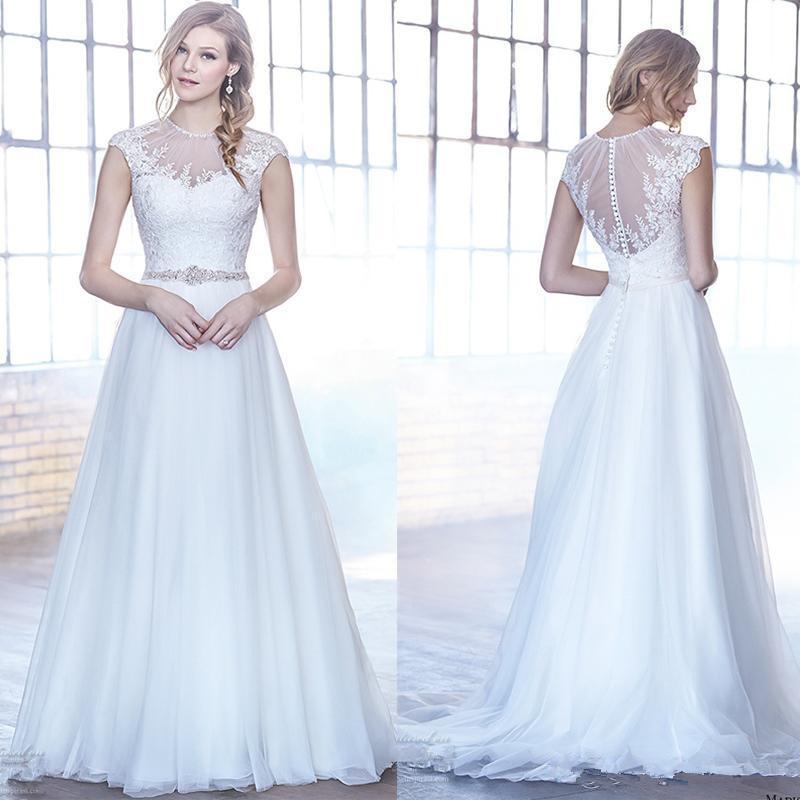 Mariage - New Arrival Lace Wedding Dresses 2016 Tulle Garden Appliques Beads Sweep Train Capped A-Line White Bridal Gowns Ball Custom Made Online with $103.27/Piece on Hjklp88's Store 