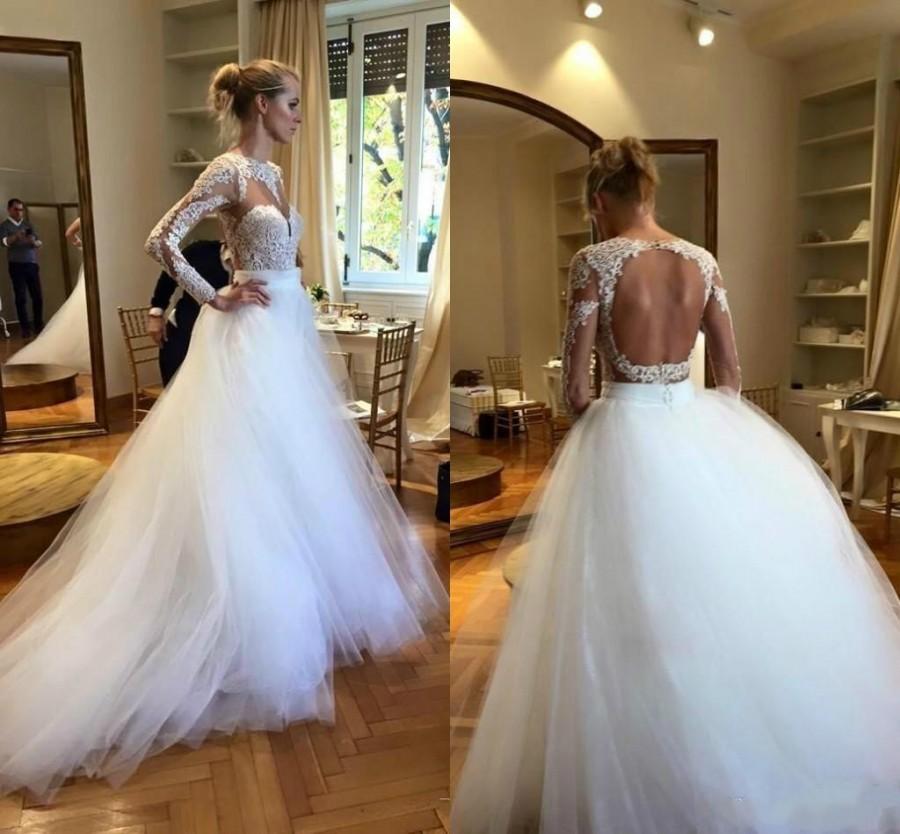 Wedding - Modest White Long Sleeves Wedding Dresses Cheap Scoop Lace Appliques Open Back Beach Bridal Dress Ball Gowns Sheer Tulle Vestido De Noiva Online with $107.04/Piece on Hjklp88's Store 