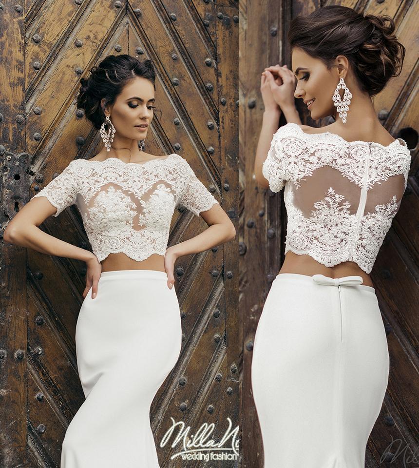 Wedding - Sexy Two Pieces Mermaid Wedding Dresses Lace Bateau Neck Short Sleeve Sheer Illusion Garden Satin Mermaid Wedding Bridal Gowns Custom Online with $109.3/Piece on Hjklp88's Store 