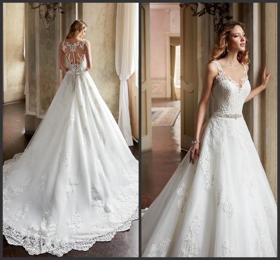 Свадьба - Gorgeous 2016 A Line Wedding Dresses Sheer Scoop Neckline Beaded Appliques Lace Church Ivory Sheer Back Bridal Ball Gowns Chapel Train Online with $111.56/Piece on Hjklp88's Store 