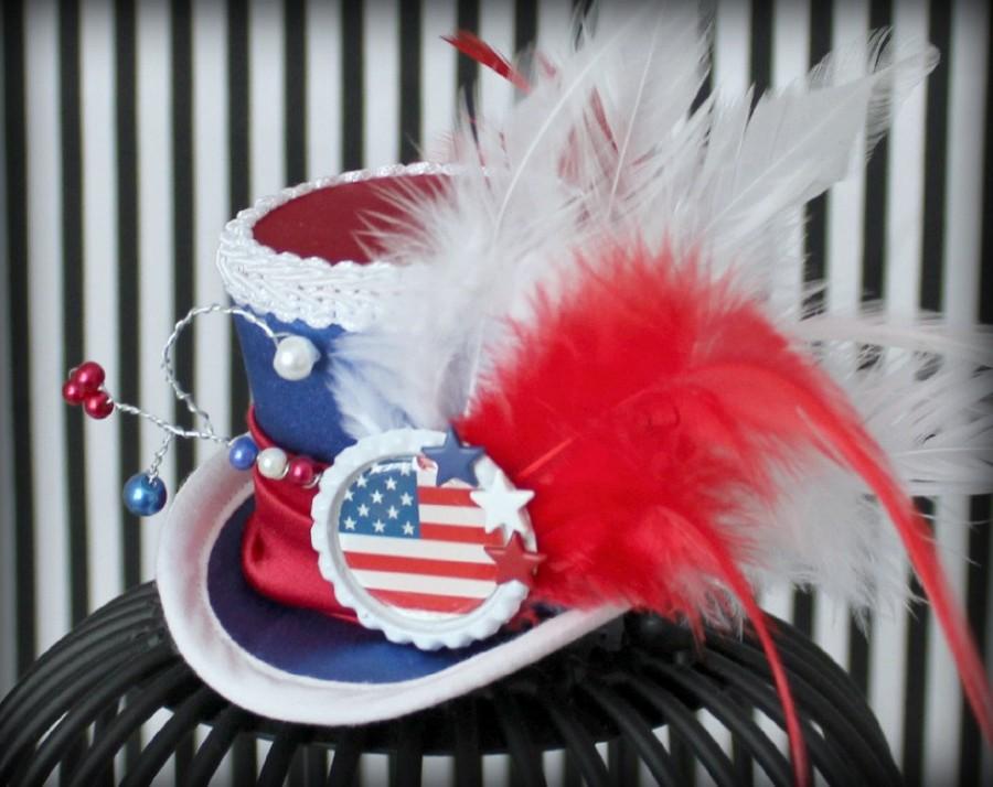 Wedding - 4th of July Mini Top Hat, Red White and Blue Headband, 4th of July Hair Accessories, Red White and Blue Hat, Patriotic Hat, Women Fascinator