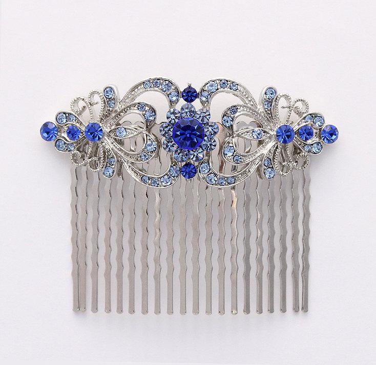Свадьба - Blue Hair Comb Crystal Blue Bridal Hair Piece Something Blue Wedding Jewelry Rhinestone Silver Blue Hair Combs Prom Headpiece