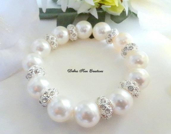 Mariage - Swarovski White Pearl Crystal Bridal Bracelet Pearl Bridal Bracelet Bridesmaid Jewelry Formal Bride Jewerly Pearl Wedding Bracelet Chunky
