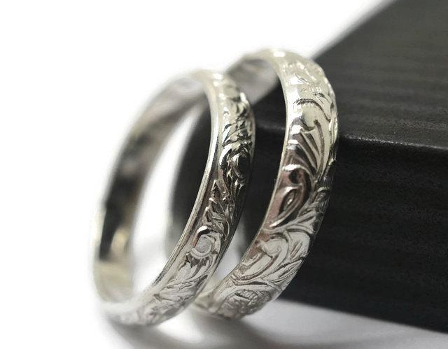 زفاف - Silver Couples Ring, Renaissance Style Wedding Bands, Commitment Rings, Floral Silver Band